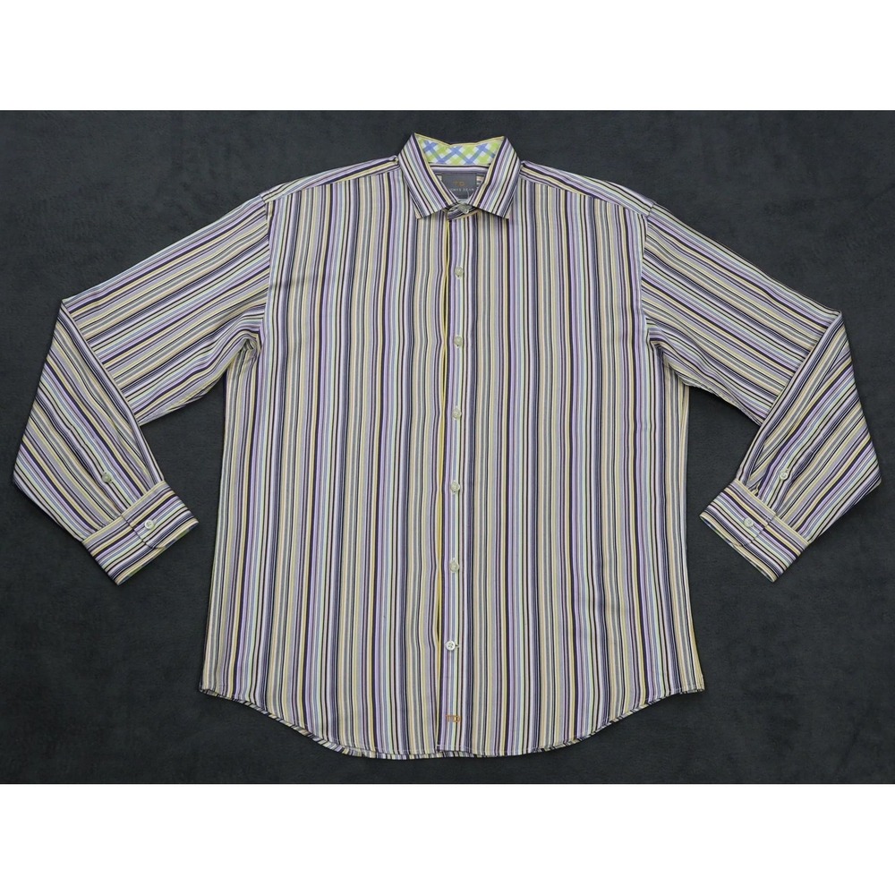 Thomas Dean Mens Button Up Shirt XL Multicolor Striped Long Sleeve Cotton